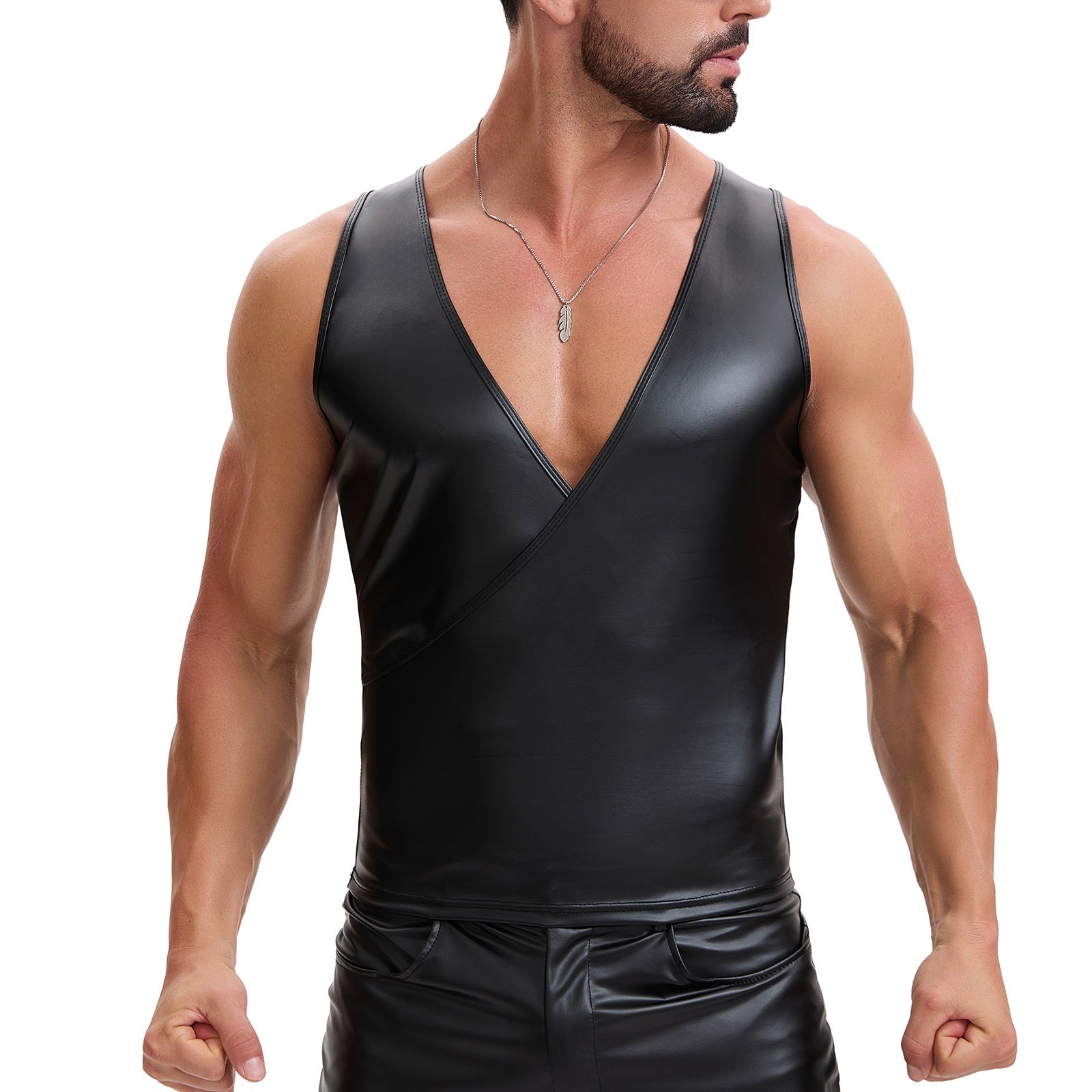 Mens Shiny Stretch Leather Cami Undershirt Sexy Cross Wrap Slim Fitted Vest Soft V-Neck Solid Tank Top