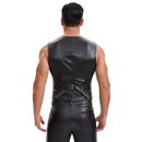 Mens Soft Stretch Leather Tank Tops, Sexy Button Up V-Neck Vest Pocket, Back Buckled Casual Solid Cami Shirt