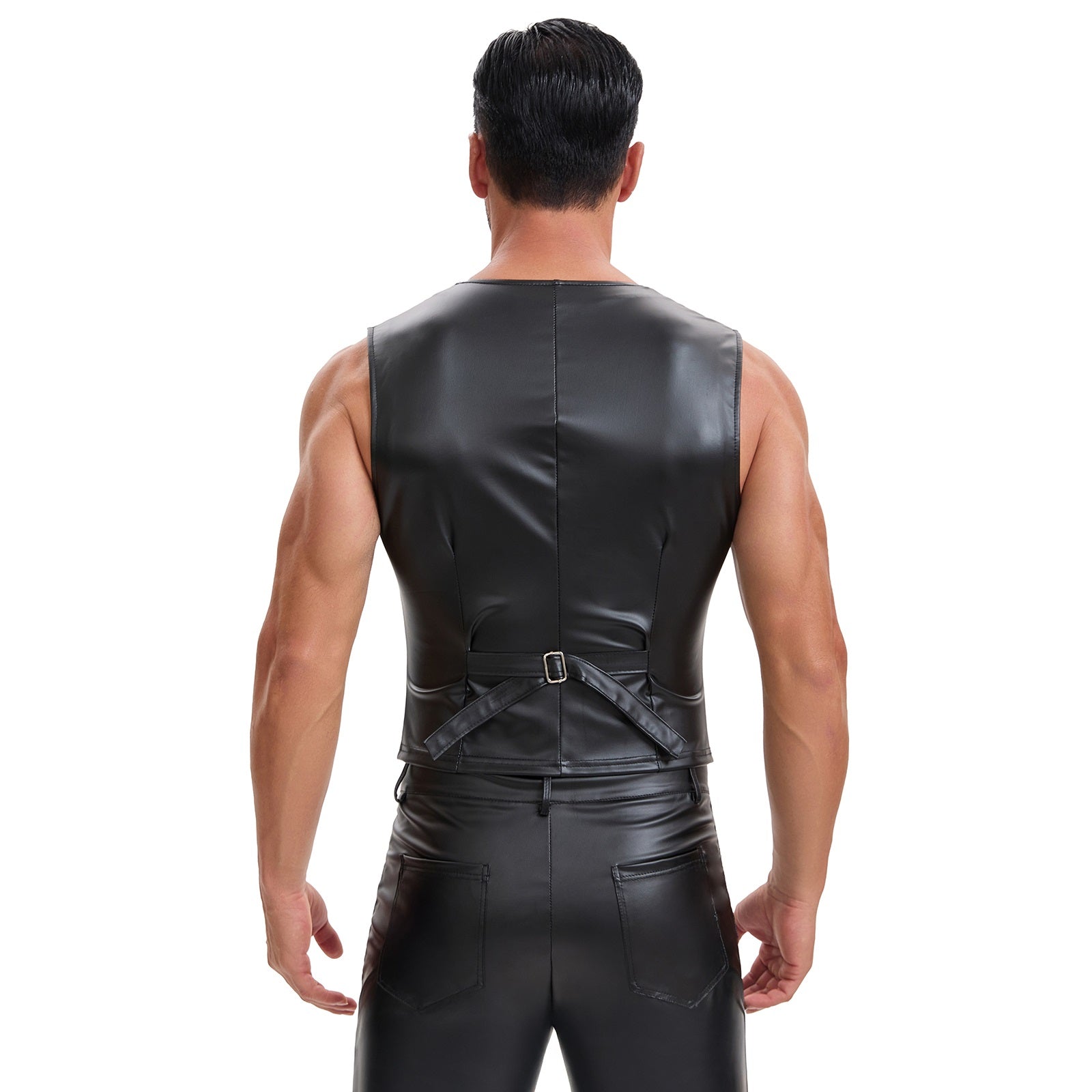 Mens Soft Stretch Leather Tank Tops, Sexy Button Up V-Neck Vest Pocket, Back Buckled Casual Solid Cami Shirt