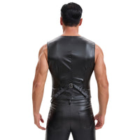 Mens Soft Stretch Leather Tank Tops, Sexy Button Up V-Neck Vest Pocket, Back Buckled Casual Solid Cami Shirt