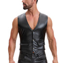 Mens Soft Stretch Leather Tank Tops, Sexy Button Up V-Neck Vest Pocket, Back Buckled Casual Solid Cami Shirt