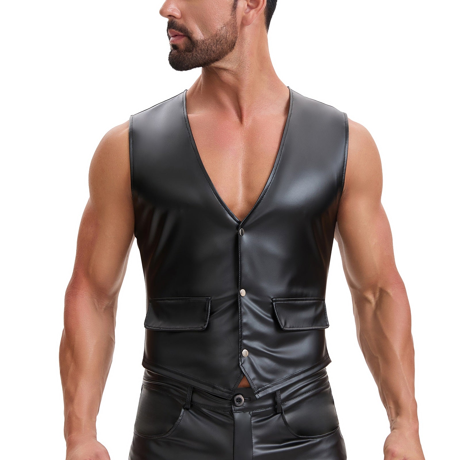 Mens Soft Stretch Leather Tank Tops, Sexy Button Up V-Neck Vest Pocket, Back Buckled Casual Solid Cami Shirt
