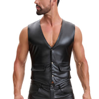 Mens Soft Stretch Leather Tank Tops, Sexy Button Up V-Neck Vest Pocket, Back Buckled Casual Solid Cami Shirt