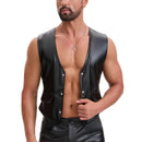 Mens Soft Stretch Leather Tank Tops, Sexy Button Up V-Neck Vest Pocket, Back Buckled Casual Solid Cami Shirt