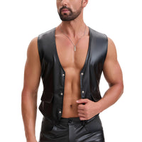 Mens Soft Stretch Leather Tank Tops, Sexy Button Up V-Neck Vest Pocket, Back Buckled Casual Solid Cami Shirt