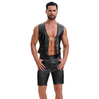 Mens Soft Stretch Leather Tank Tops, Sexy Button Up V-Neck Vest Pocket, Back Buckled Casual Solid Cami Shirt