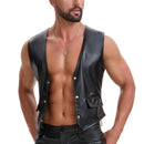 Mens Soft Stretch Leather Tank Tops, Sexy Button Up V-Neck Vest Pocket, Back Buckled Casual Solid Cami Shirt