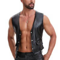 Mens Soft Stretch Leather Tank Tops, Sexy Button Up V-Neck Vest Pocket, Back Buckled Casual Solid Cami Shirt