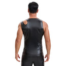 Mens Shiny Soft Matte Leather T-Shirt, Sexy Asymmetric Strap Crew Neck Vest, Hollow Out Slim Fit Stretch Tops Party
