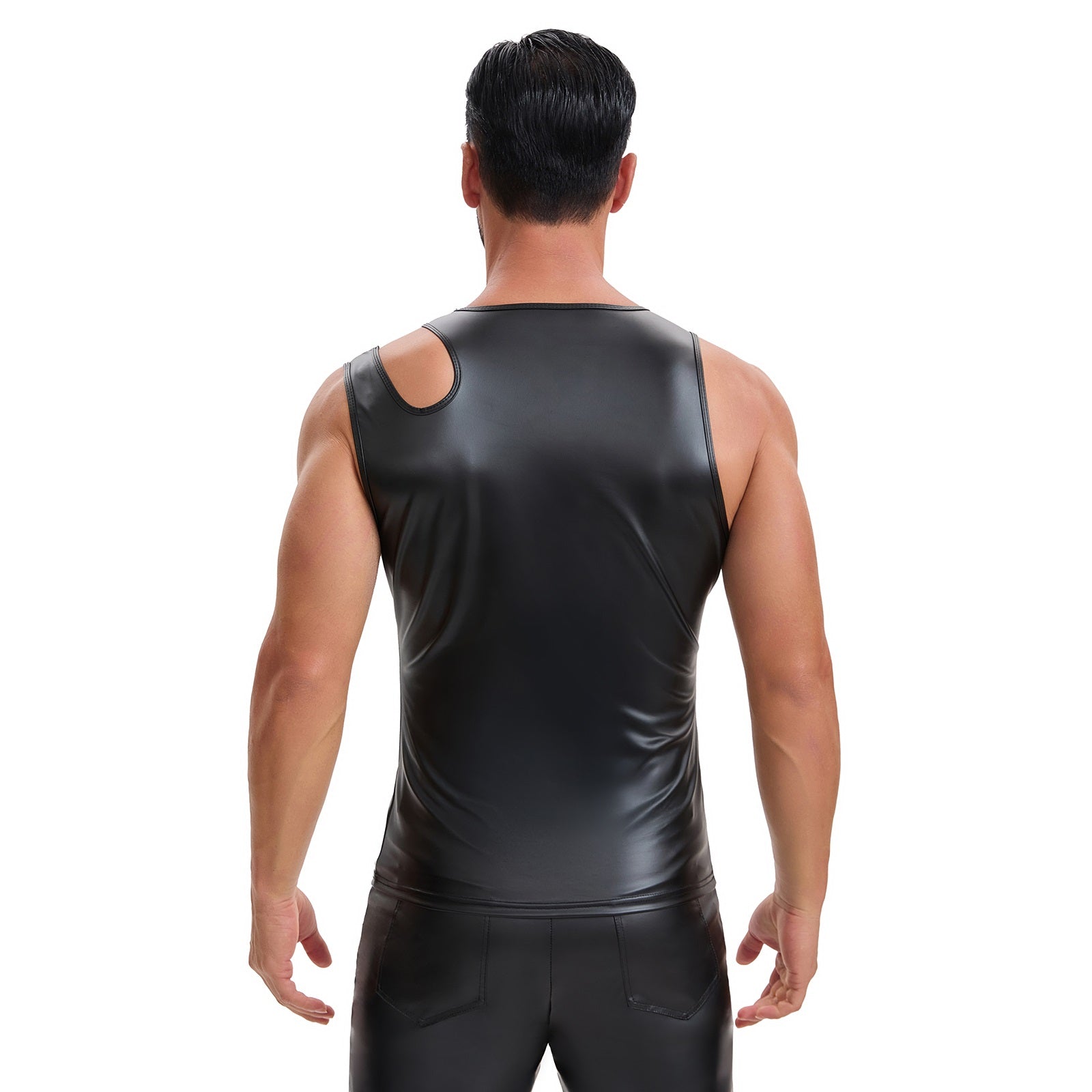 Mens Shiny Soft Matte Leather T-Shirt, Sexy Asymmetric Strap Crew Neck Vest, Hollow Out Slim Fit Stretch Tops Party