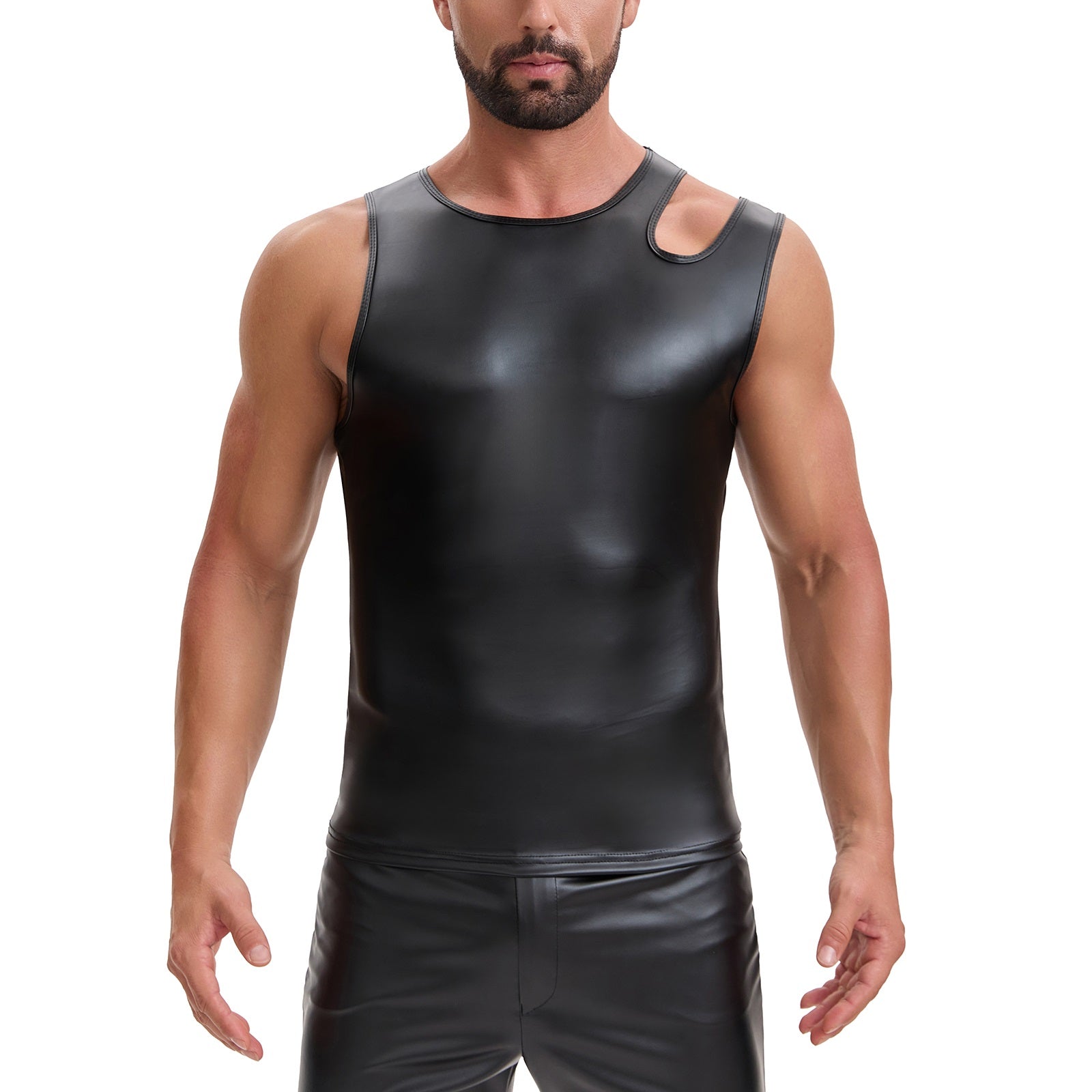 Mens Shiny Soft Matte Leather T-Shirt, Sexy Asymmetric Strap Crew Neck Vest, Hollow Out Slim Fit Stretch Tops Party