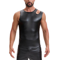 Mens Shiny Soft Matte Leather T-Shirt, Sexy Asymmetric Strap Crew Neck Vest, Hollow Out Slim Fit Stretch Tops Party