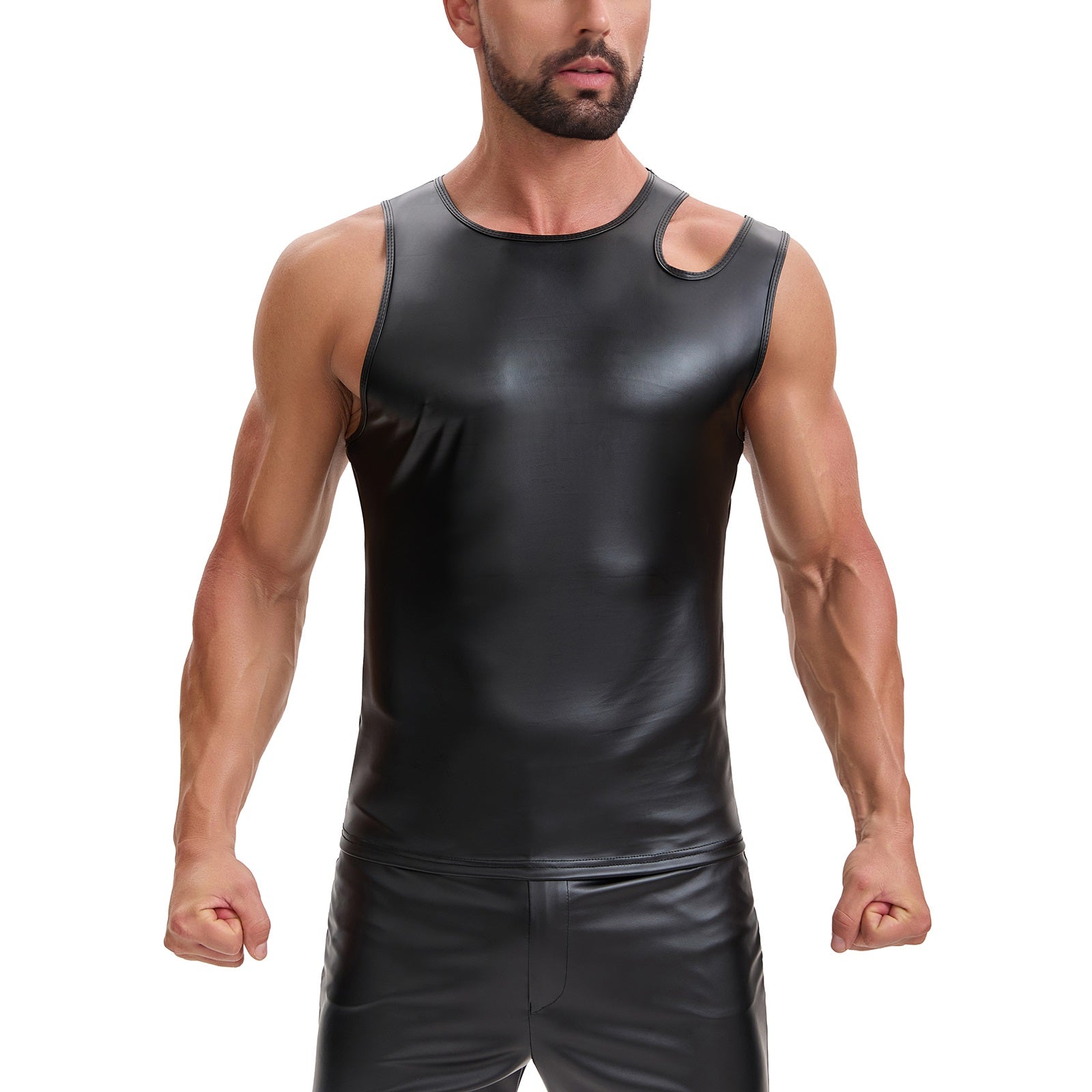 Mens Shiny Soft Matte Leather T-Shirt, Sexy Asymmetric Strap Crew Neck Vest, Hollow Out Slim Fit Stretch Tops Party