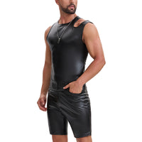 Mens Shiny Soft Matte Leather T-Shirt, Sexy Asymmetric Strap Crew Neck Vest, Hollow Out Slim Fit Stretch Tops Party