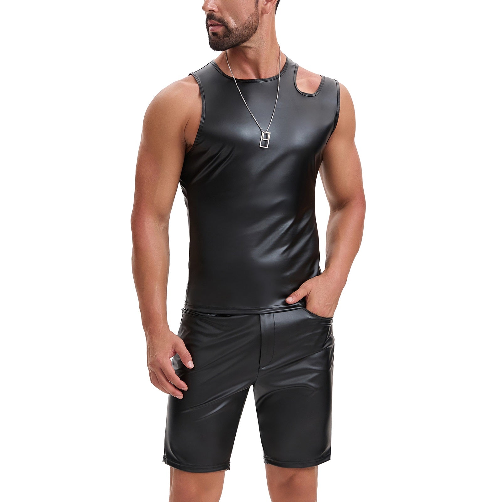 Mens Shiny Soft Matte Leather T-Shirt, Sexy Asymmetric Strap Crew Neck Vest, Hollow Out Slim Fit Stretch Tops Party