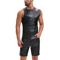 Mens Shiny Soft Matte Leather T-Shirt, Sexy Asymmetric Strap Crew Neck Vest, Hollow Out Slim Fit Stretch Tops Party