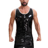 Men's Glossy Black Leather Tank Top Button Up White Trim Vest-278