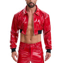Men's Shiny Patent Leather Cropped Jacket Lapel Zip Up Long Sleeve Wet Look PVC Crop Top Nightclub