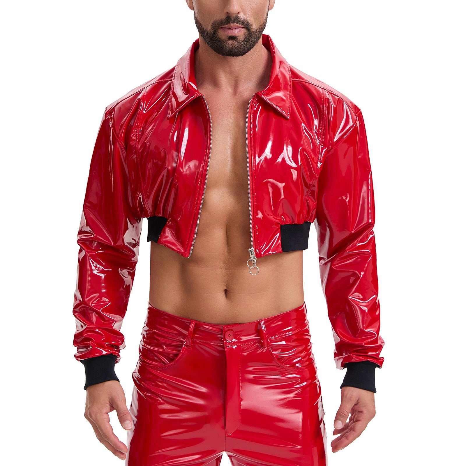 Men's Shiny Patent Leather Cropped Jacket Lapel Zip Up Long Sleeve Wet Look PVC Crop Top Nightclub