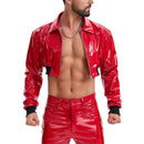 Men's Shiny Patent Leather Cropped Jacket Lapel Zip Up Long Sleeve Wet Look PVC Crop Top Nightclub