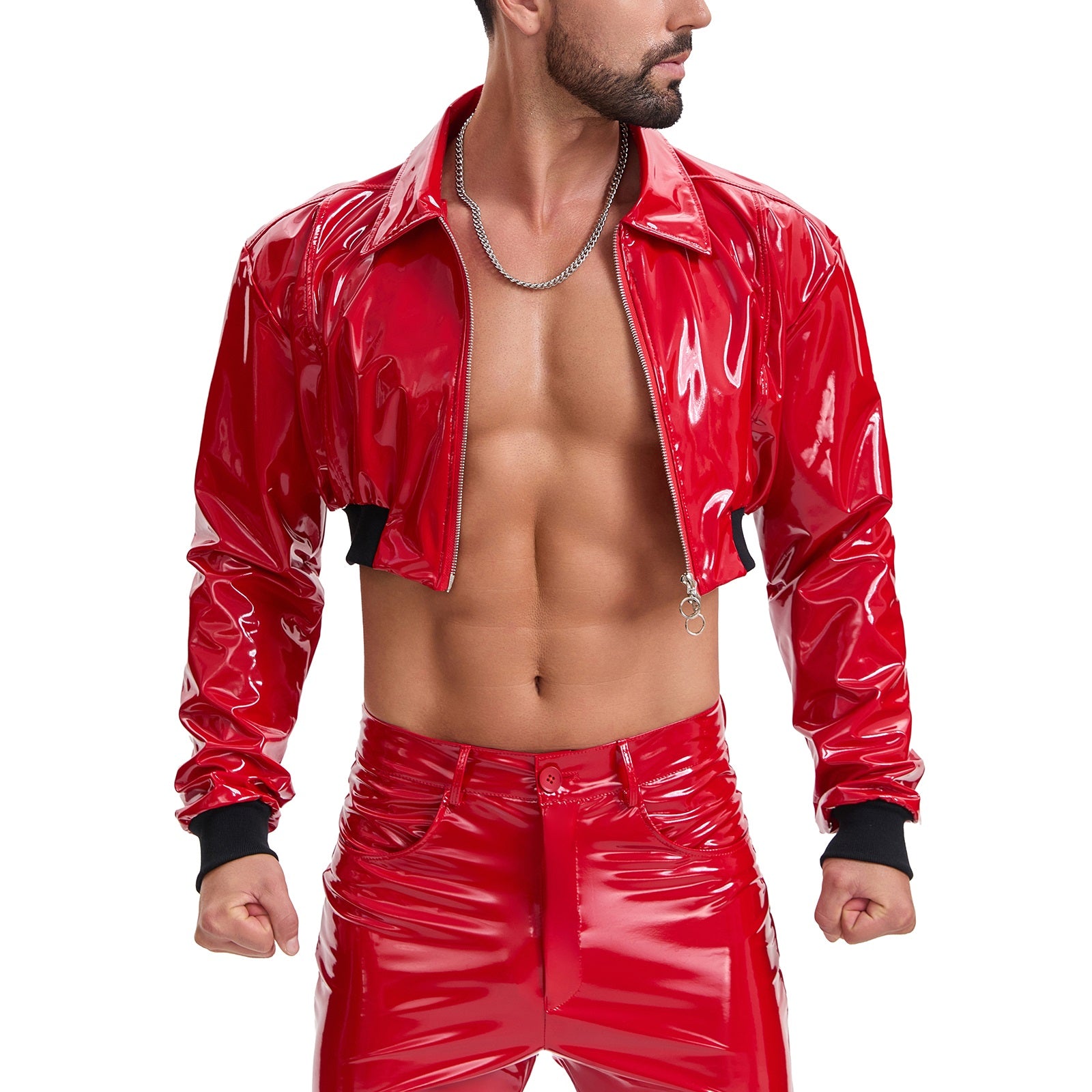 Men's Shiny Patent Leather Cropped Jacket Lapel Zip Up Long Sleeve Wet Look PVC Crop Top Nightclub
