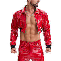 Men's Shiny Patent Leather Cropped Jacket Lapel Zip Up Long Sleeve Wet Look PVC Crop Top Nightclub