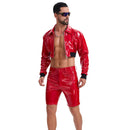 Men's Shiny Leather Cropped Jacket Lapel Zip Up Long Sleeve Crop Top-271
