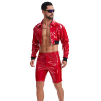 Men's Shiny Leather Cropped Jacket Lapel Zip Up Long Sleeve Crop Top-271