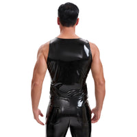 Men's Shiny Leather Tank Top, Sexy Slim Fit Crewneck Vest, Wetlook Casual Button Motorcycle Jacket Solid