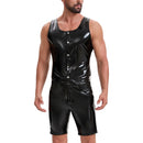 Men's Shiny Leather Tank Top, Sexy Slim Fit Crewneck Vest, Wetlook Casual Button Motorcycle Jacket Solid