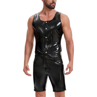 Men's Shiny Leather Tank Top, Sexy Slim Fit Crewneck Vest, Wetlook Casual Button Motorcycle Jacket Solid