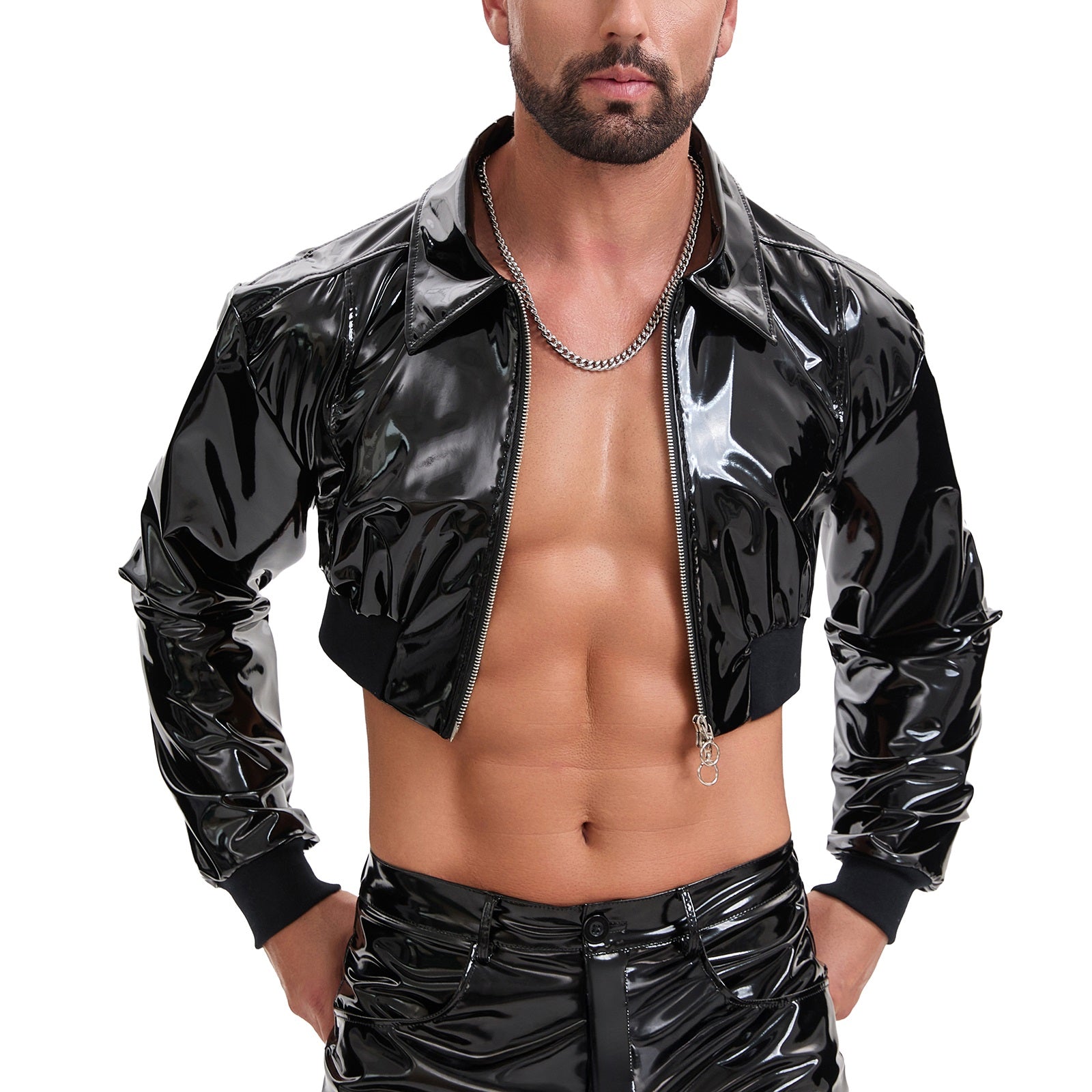 Men's Shiny Patent Leather Cropped Jacket Lapel Zip Up Long Sleeve Wet Look PVC Crop Top Nightclub