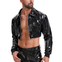 Men's Shiny Patent Leather Cropped Jacket Lapel Zip Up Long Sleeve Wet Look PVC Crop Top Nightclub
