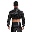 Men's Shiny Patent Leather Cropped Jacket Lapel Zip Up Long Sleeve Wet Look PVC Crop Top Nightclub