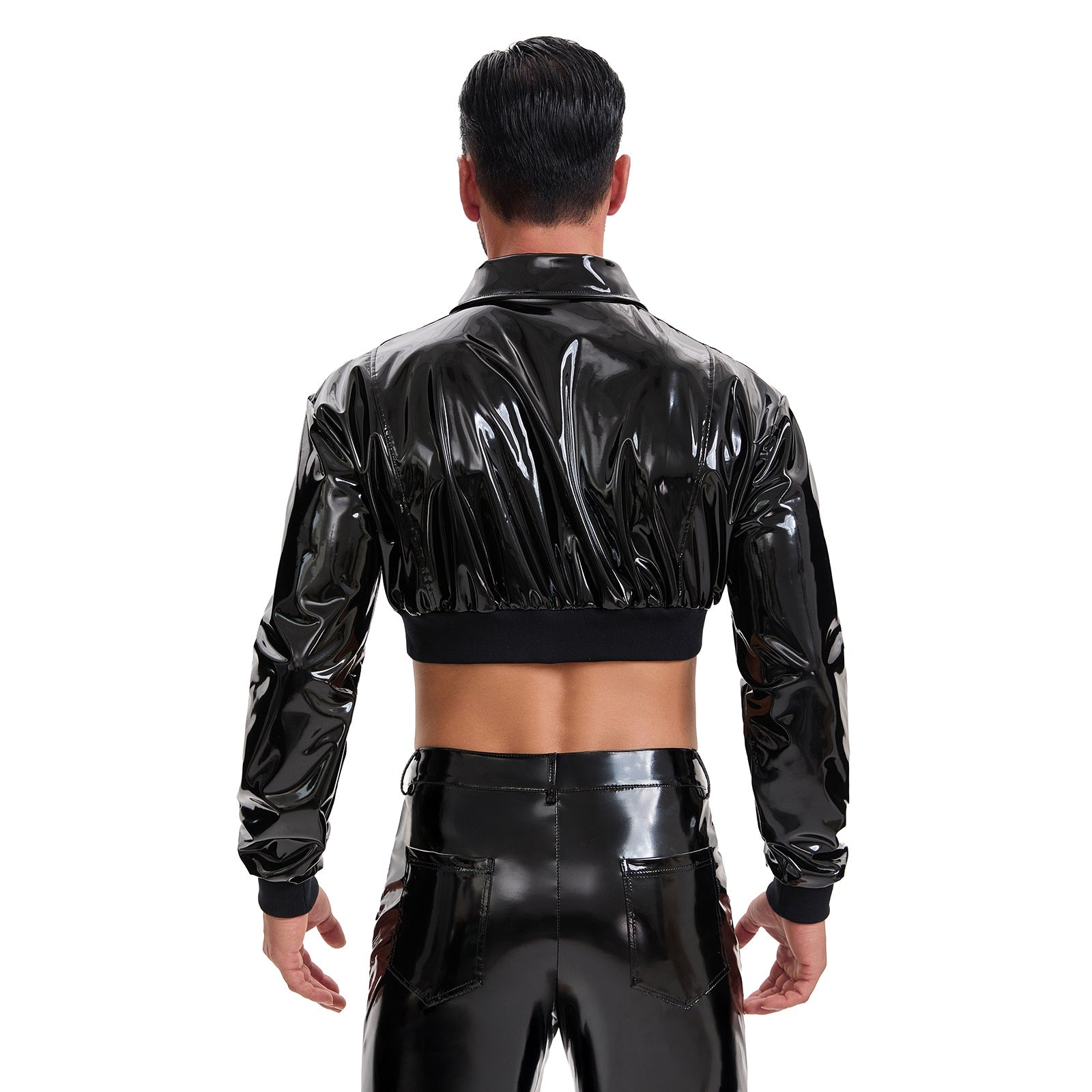 Men's Shiny Patent Leather Cropped Jacket Lapel Zip Up Long Sleeve Wet Look PVC Crop Top Nightclub