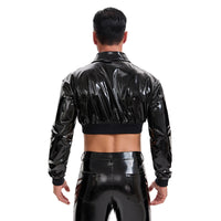 Men's Shiny Patent Leather Cropped Jacket Lapel Zip Up Long Sleeve Wet Look PVC Crop Top Nightclub