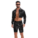 Men's Shiny Leather Cropped Jacket Lapel Zip Up Long Sleeve Crop Top-271