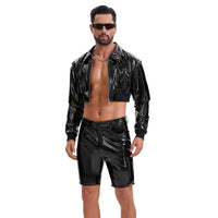 Men's Shiny Leather Cropped Jacket Lapel Zip Up Long Sleeve Crop Top-271