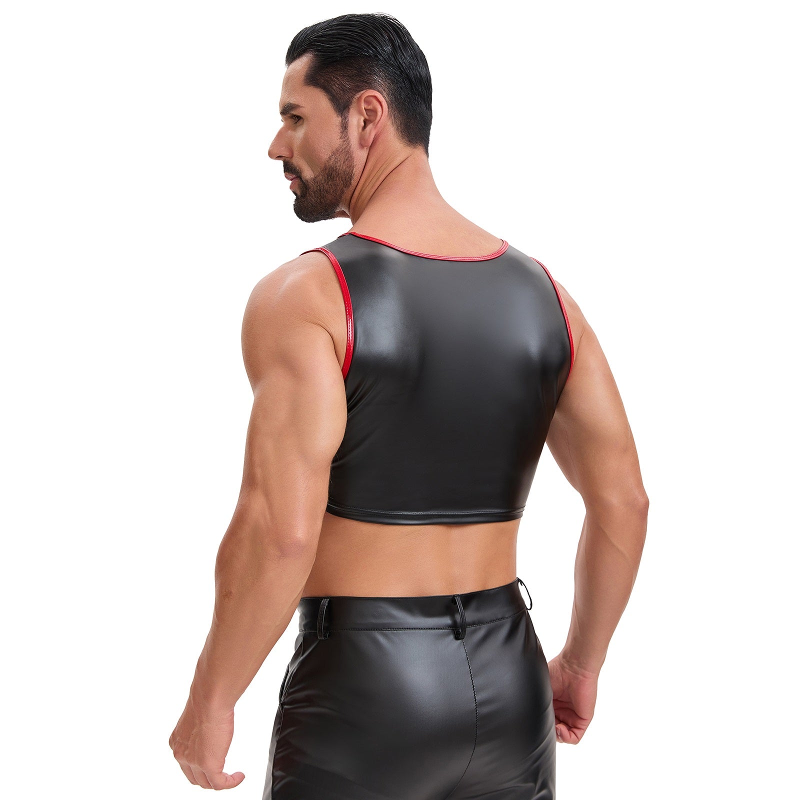 Mens Soft Stretch Leather Cropped Vest, Color Block Slim Fit Tank Top, Sexy Scoop Neck Cami Undershirt