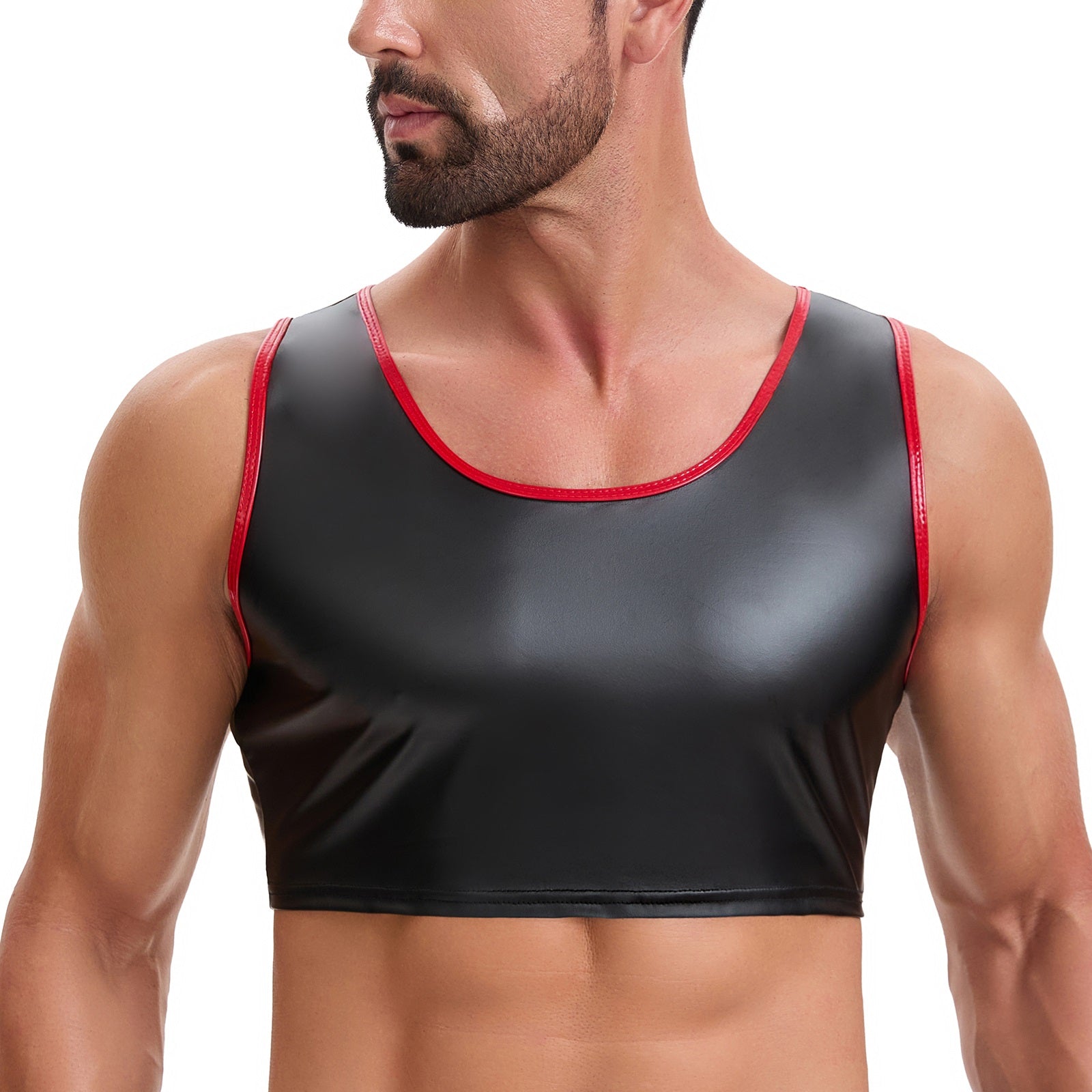 Mens Soft Stretch Leather Cropped Vest, Color Block Slim Fit Tank Top, Sexy Scoop Neck Cami Undershirt