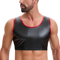 Mens Soft Stretch Leather Cropped Vest, Color Block Slim Fit Tank Top, Sexy Scoop Neck Cami Undershirt