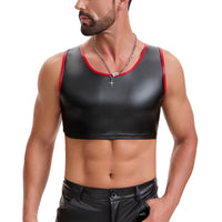 Mens Soft Stretch Leather Cropped Vest, Color Block Slim Fit Tank Top, Sexy Scoop Neck Cami Undershirt