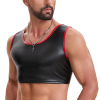 Mens Soft Stretch Leather Cropped Vest, Color Block Slim Fit Tank Top, Sexy Scoop Neck Cami Undershirt