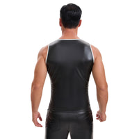 Men's Shiny Soft Matte Leather Tank Tops, Sexy V-Neck Color Block Vest, Casual Slim Fit Stretch T-Shirt Clubwear