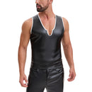Men's Shiny Soft Matte Leather Tank Tops, Sexy V-Neck Color Block Vest, Casual Slim Fit Stretch T-Shirt Clubwear