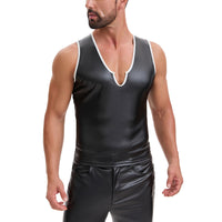 Men's Shiny Soft Matte Leather Tank Tops, Sexy V-Neck Color Block Vest, Casual Slim Fit Stretch T-Shirt Clubwear