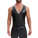 Men's Shiny Soft Matte Leather Tank Tops, Sexy V-Neck Color Block Vest, Casual Slim Fit Stretch T-Shirt Clubwear