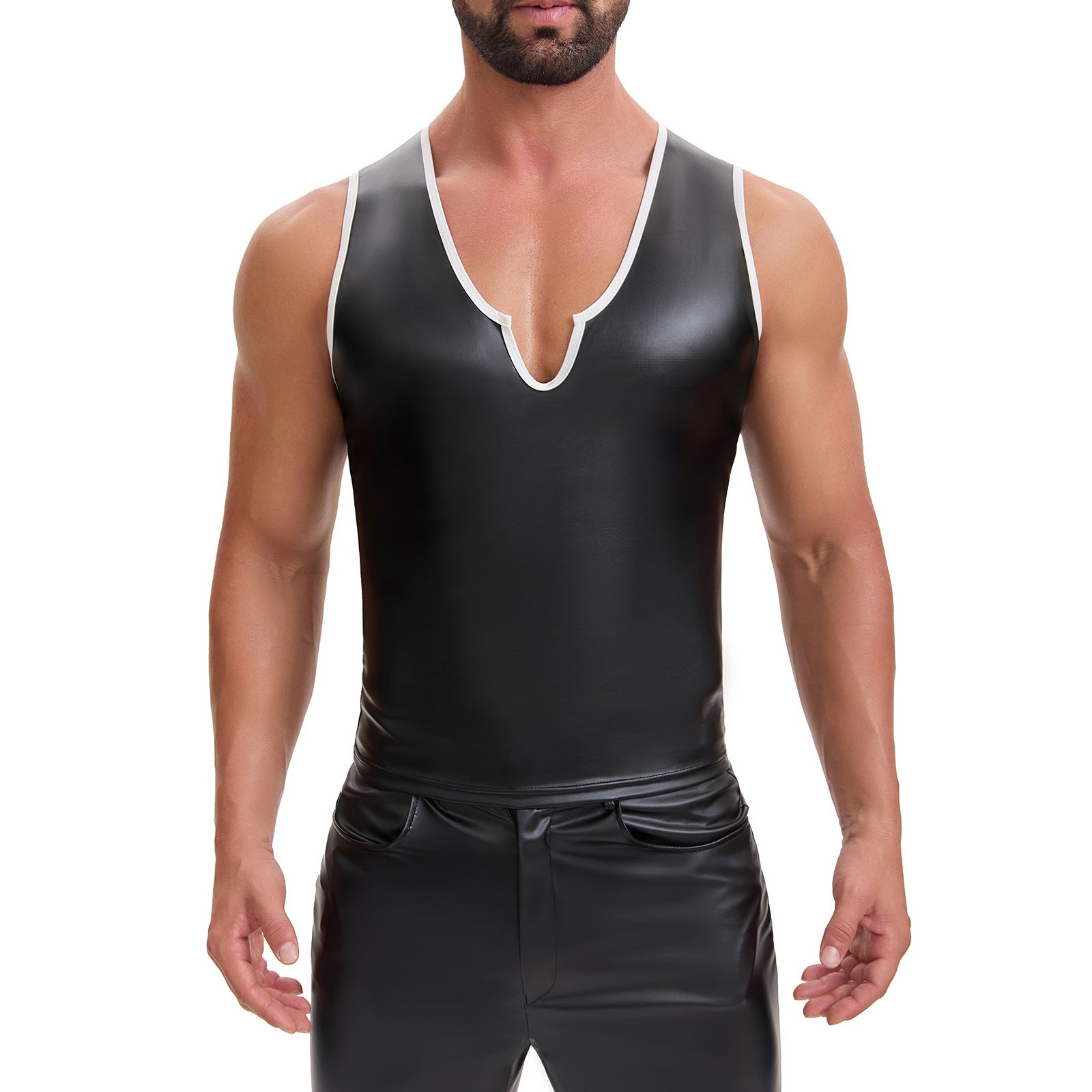 Men's Shiny Soft Matte Leather Tank Tops, Sexy V-Neck Color Block Vest, Casual Slim Fit Stretch T-Shirt Clubwear