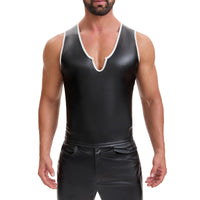Men's Shiny Soft Matte Leather Tank Tops, Sexy V-Neck Color Block Vest, Casual Slim Fit Stretch T-Shirt Clubwear