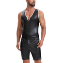 Men's Shiny Soft Matte Leather Tank Tops, Sexy V-Neck Color Block Vest, Casual Slim Fit Stretch T-Shirt Clubwear